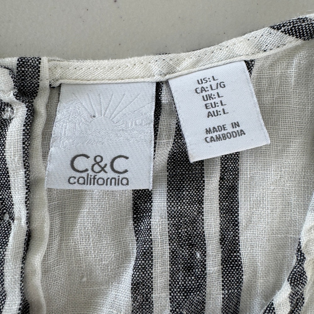 C&C California 100% Linen Tank Top L Striped Coastal Back Buttons Minimalist - Picture 11 of 13